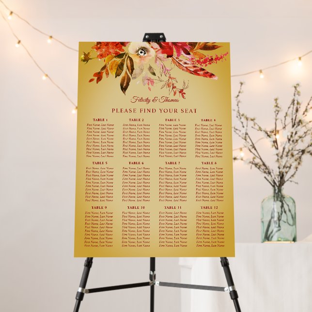 Autumn Floral Boho Golden Wedding Seating Chart Foam Board (In Situ (Stand))