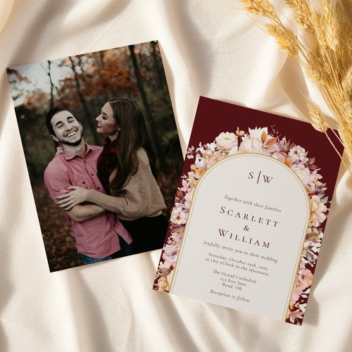 Autumn Floral Burgundy Arch Monogram Photo Wedding Invitation