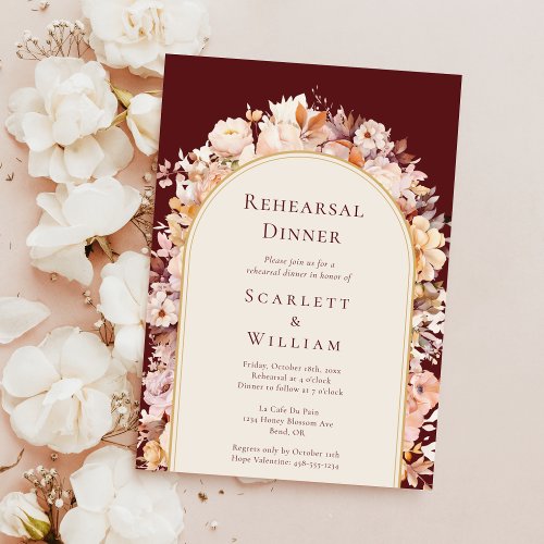 Autumn Floral Burgundy Arch Wedding Rehearsal Invitation