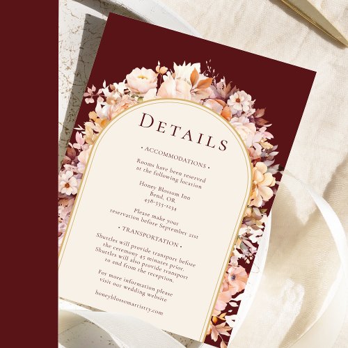 Autumn Floral Burgundy Cream Arch Wedding Details Enclosure Card