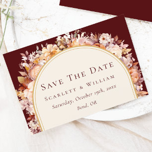 Autumn Floral Burgundy Cream Arch Wedding Save The Date