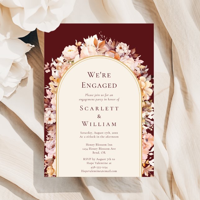 Autumn Floral Burgundy Cream Arch We're Engaged Invitation (Creator Uploaded)