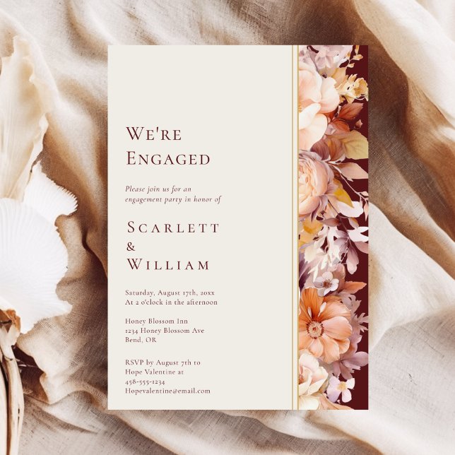 Autumn Floral Burgundy Cream Modern We're Engaged Invitation (Creator Uploaded)