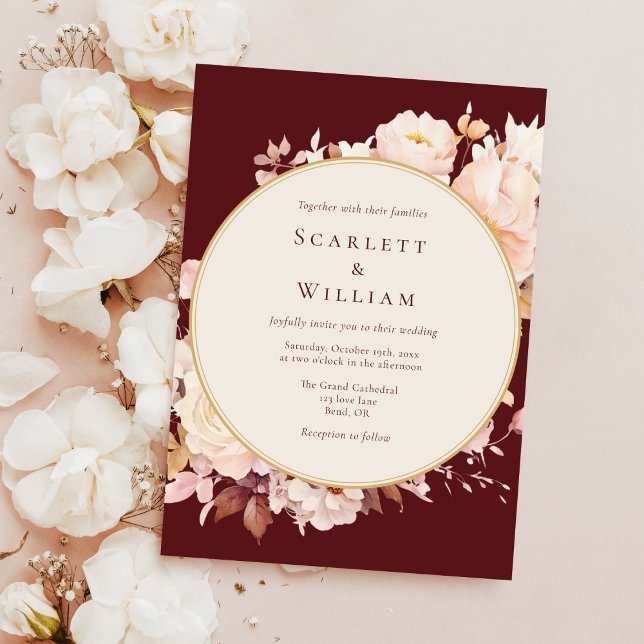 Autumn Floral Burgundy Cream Simple Wedding Invitation (Creator Uploaded)