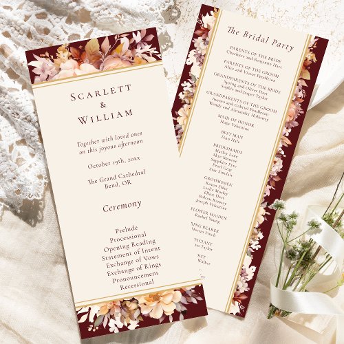 Autumn Floral Burgundy Cream Simple Wedding Program