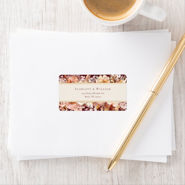 Autumn Floral Burgundy Cream Wedding Address Label (Insitu)