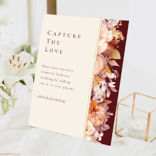 Autumn Floral Burgundy Cream Wedding Hashtag Pedestal Sign