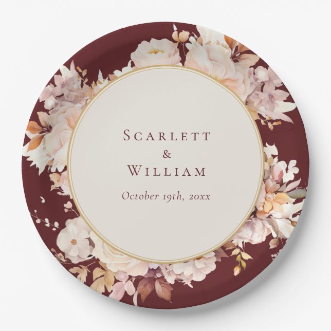 Autumn Floral Burgundy Cream Wedding Paper Plates (Front)