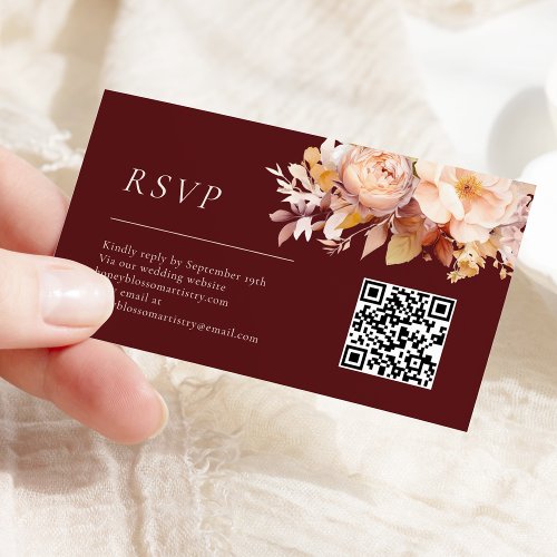 Autumn Floral Burgundy Cream Wedding QR Code RSVP Enclosure Card