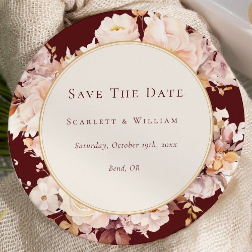 Autumn Floral Burgundy Cream Wedding Round Save The Date