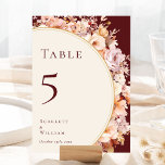 Autumn Floral Burgundy Cream Wedding Table Number<br><div class="desc">This autumn floral burgundy cream wedding table number design is a dreamy ensemble that embodies the essence of vintage charm and modern elegance. Featuring autumn florals and leaves in fall colors, accented with gold geometric borders, our design offers a simple yet captivating aesthetic perfect for your summer or fall celebration....</div>