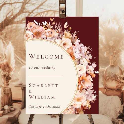 Autumn Floral Burgundy Cream Wedding Welcome Foam Board