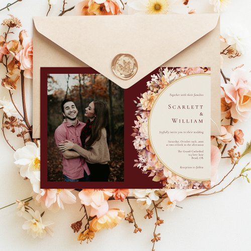 Autumn Floral Burgundy Horizontal Photo Wedding Invitation