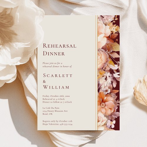 Autumn Floral Burgundy Modern Wedding Rehearsal Invitation