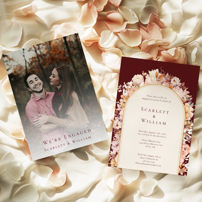 Autumn Floral Burgundy Simple Photo We're Engaged Invitation (Creator Uploaded)
