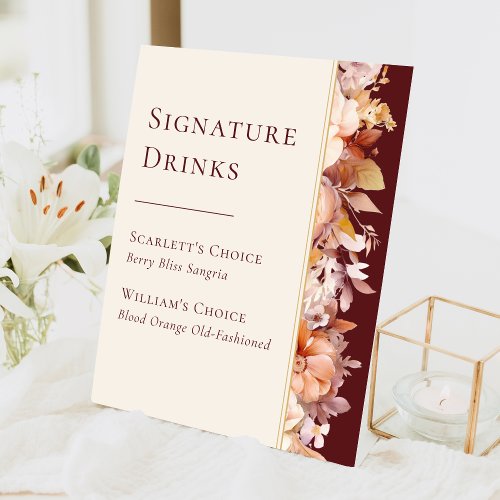 Autumn Floral Burgundy Wedding Signature Drinks Pedestal Sign