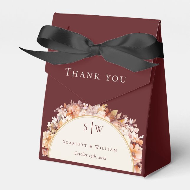 Autumn Floral Burgundy Wedding Thank You Monogram Favor Boxes (Front Side)