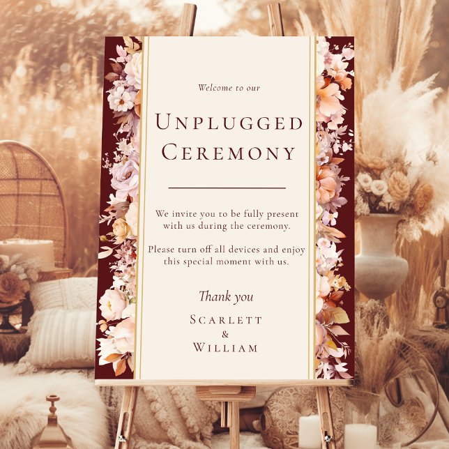 Autumn Floral Burgundy Wedding Unplugged Ceremony Foam Board (Creator Uploaded)