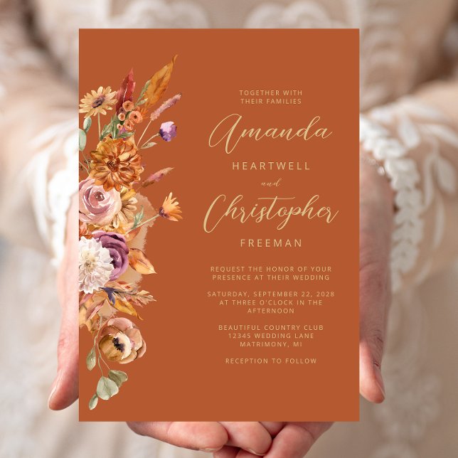 Autumn Floral Burnt Orange Script Wedding Invitation (Creator Uploaded)