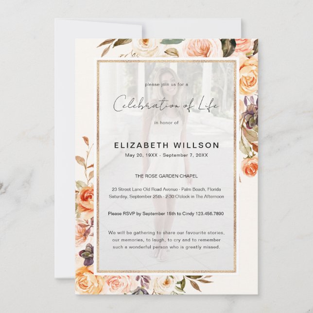 Autumn Floral Celebration of Life Funeral Photo Invitation (Front)
