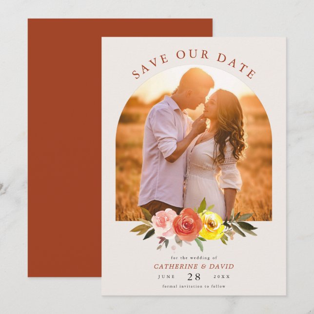 Autumn Floral Custom Couple Photo Wedding Arch   Save The Date (Front/Back)