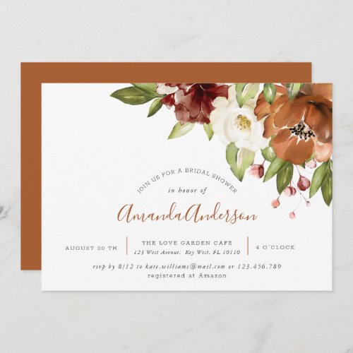  Autumn Floral Dark Orange Bridal Shower Invite