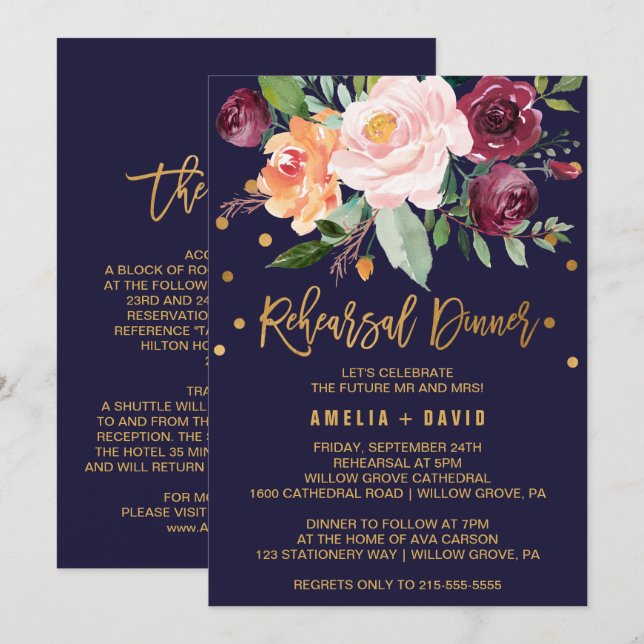 Autumn Floral | Details on Back Rehearsal Dinner Invitation (Front/Back)