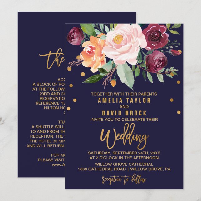 Autumn Floral Double Sided Wedding Invitation (Front/Back)