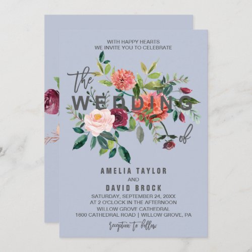 Autumn Floral Dusty Blue Typography Wedding Invitation