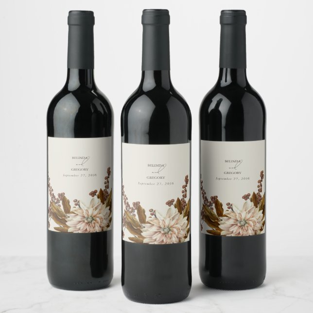 Autumn Floral Earthy Tones Watercolor Fall Wedding Wine Label (Bottles)