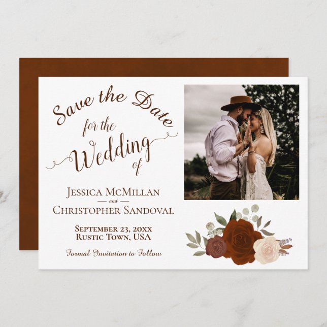 Autumn Floral Elegant Calligraphy & Photo Wedding Save The Date (Front/Back)