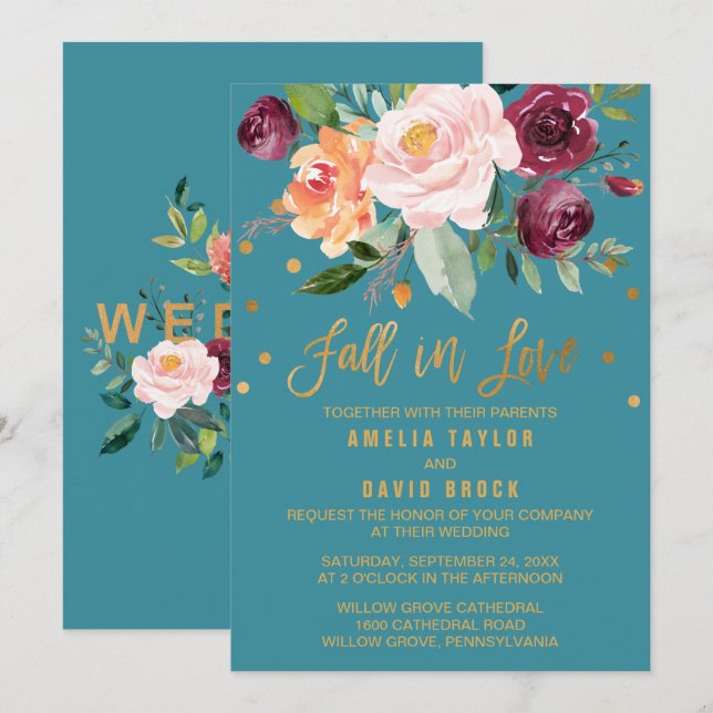Autumn Floral | Fall In Love Teal Wedding Invitation (Front/Back)