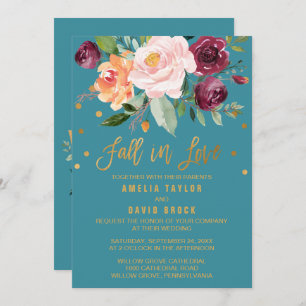 Autumn Floral Fall In Love Teal Wedding Invitation