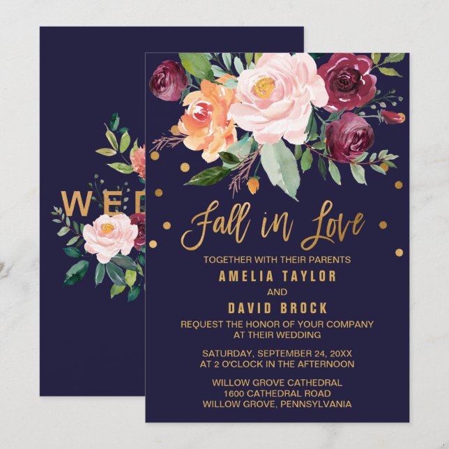 Autumn Floral | Fall In Love Wedding Invitation (Front/Back)