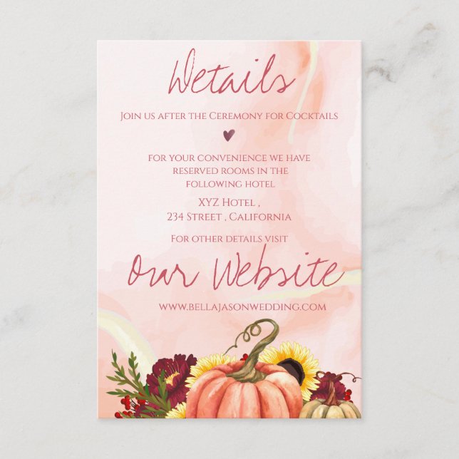 Autumn Floral Fall Pumpkin Wedding Details Enclosure Card (Front)
