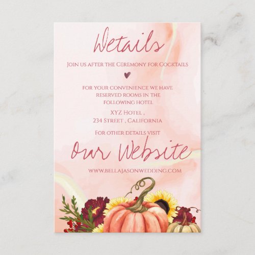 Autumn Floral Fall Pumpkin Wedding Details Enclosure Card
