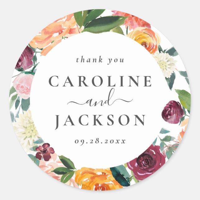 Autumn Floral Favor Thank You Classic Round Sticker (Front)