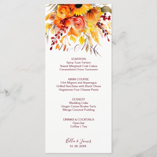 Autumn Floral Foliage Wedding Menu