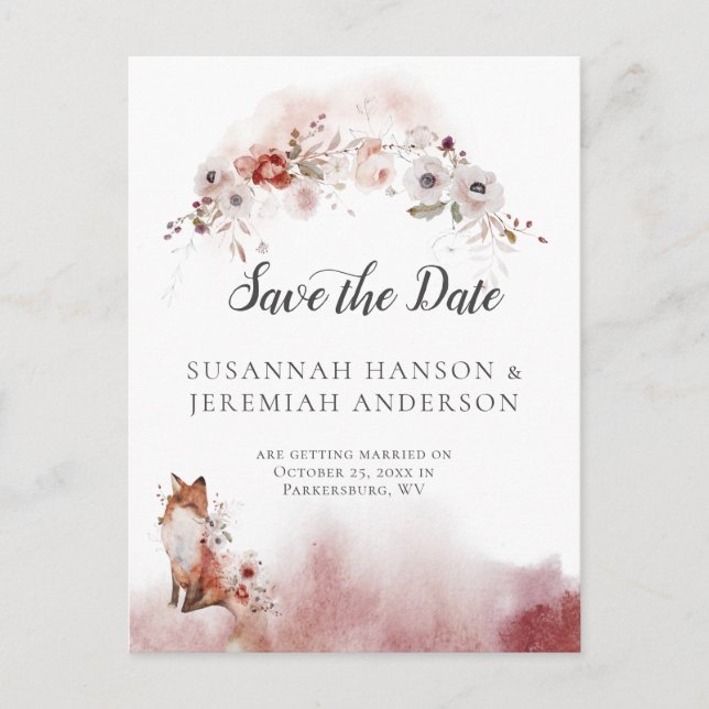 Autumn Floral Fox Save The Date | Announcement Postcard (Front)