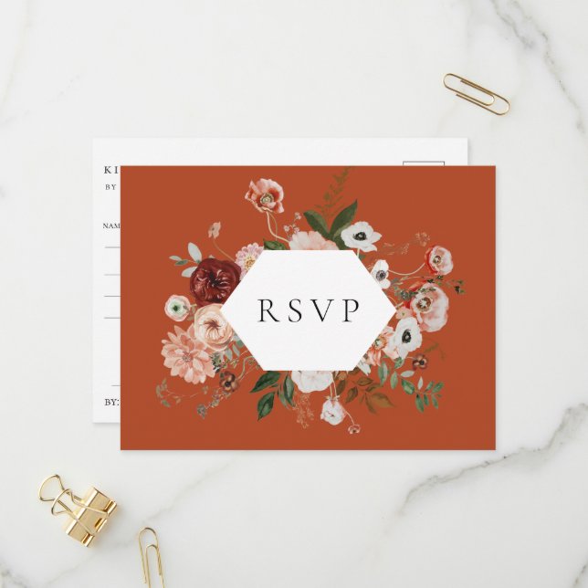 Autumn Floral Frame Wedding RSVP Song Request Invitation Postcard (Front/Back In Situ)