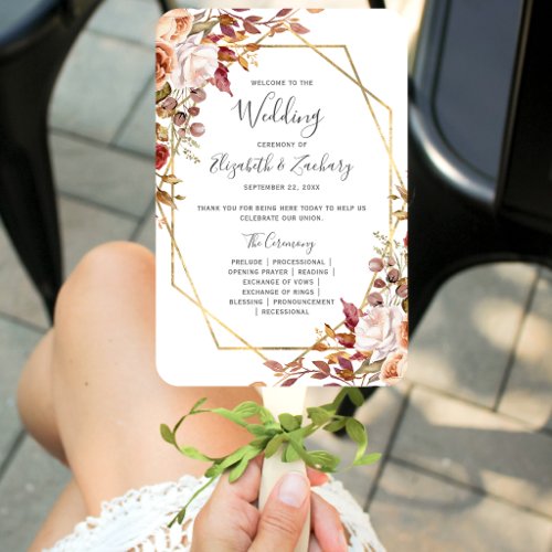 Autumn Floral Geometric Wedding Program Hand Fan