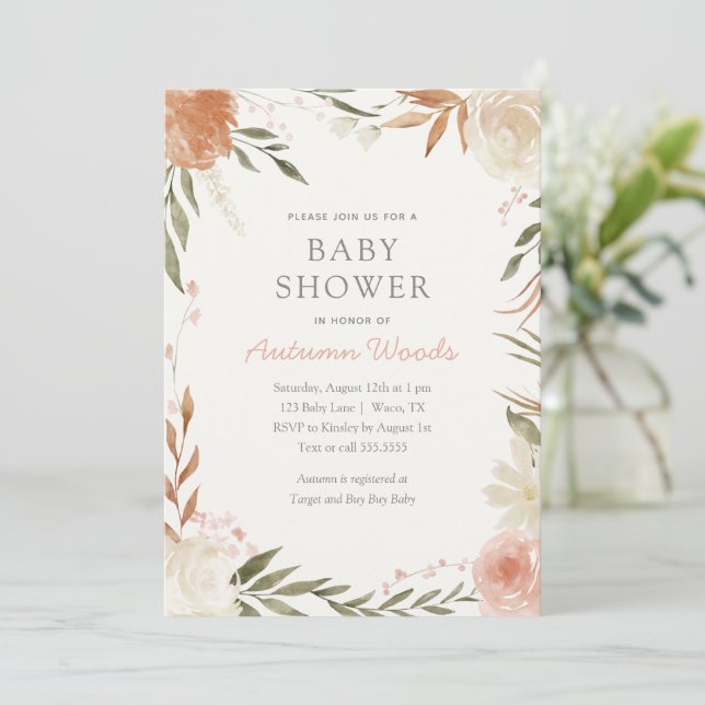 Autumn Floral Girl Baby Shower Invitation (Standing Front)