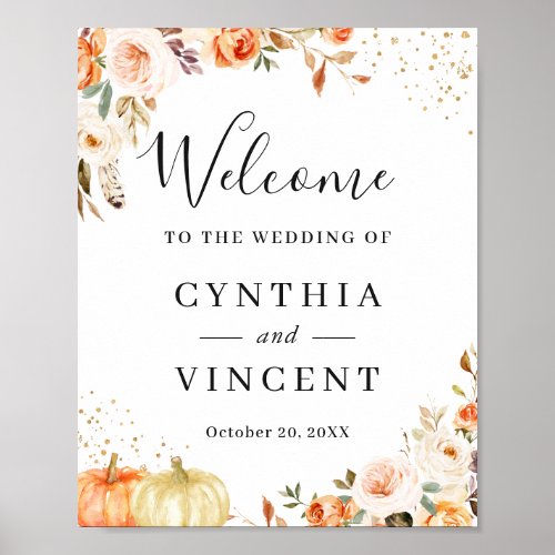 Autumn Floral Gold Confetti Wedding Welcome Sign