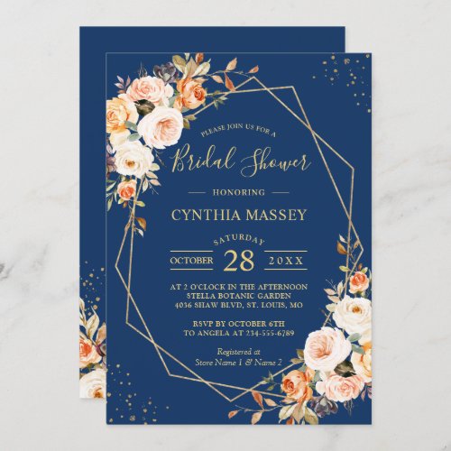 Autumn Floral Gold Frame Navy Blue Bridal Shower Invitation