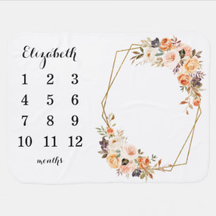 Autumn Floral Gold Geometric Frame Milestone Baby  Blanket