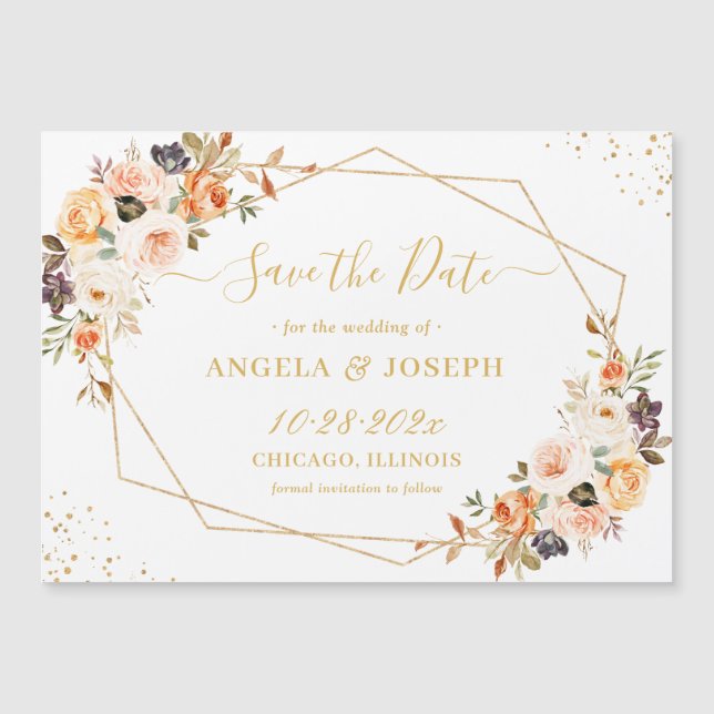 Autumn Floral Gold Geometric Save the Date Magnet (Front)