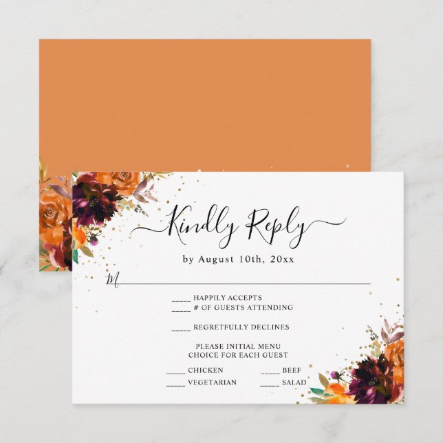Autumn Floral Gold Glitter Burnt Orange Wedding Enclosure Card (Front/Back)
