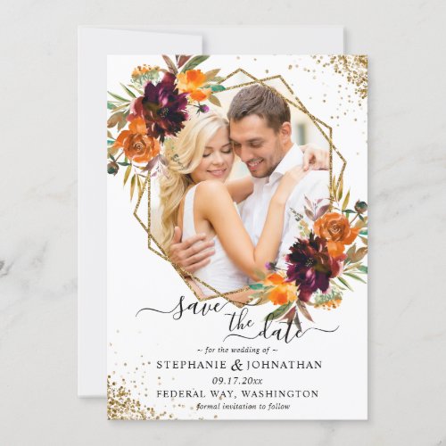 Autumn Floral Gold Glitter Save The Date