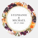 Autumn Floral Gold Glitter Wedding Classic Round Sticker
