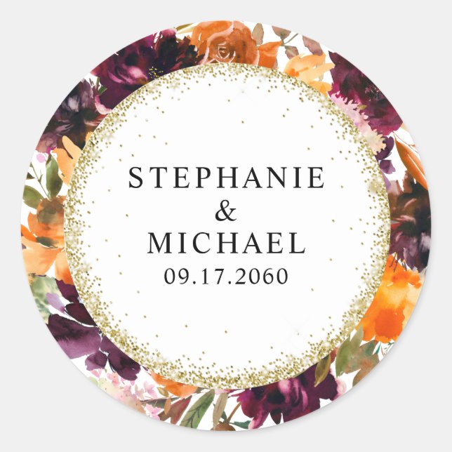 Autumn Floral Gold Glitter Wedding Classic Round Sticker (Front)